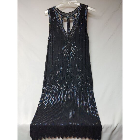 Vintage St. Honore 1920s-Inspired 100% Silk Black Beaded Flapper Dress Medium - Picture 1 of 9